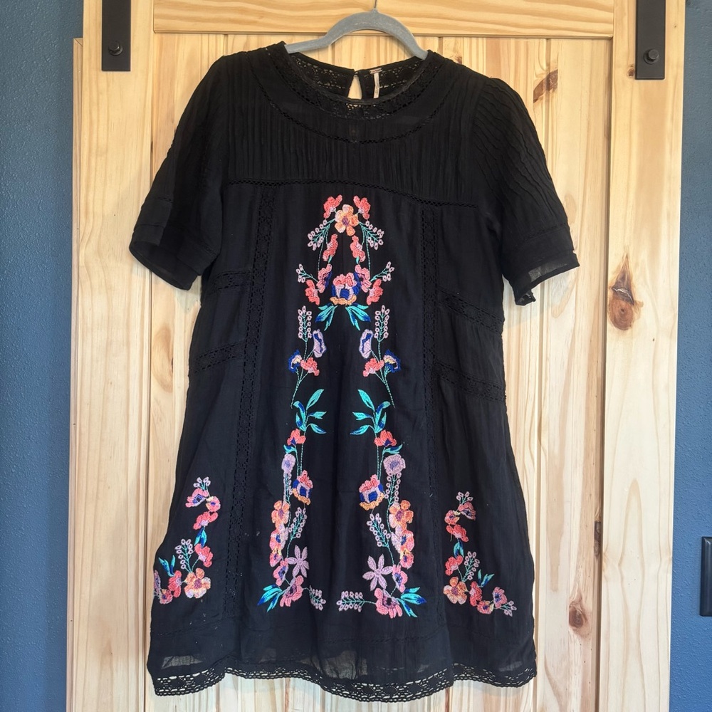 Free People Perfectly Victorian Black with Floral Embroidery Mini Dress - Picture 7 of 10